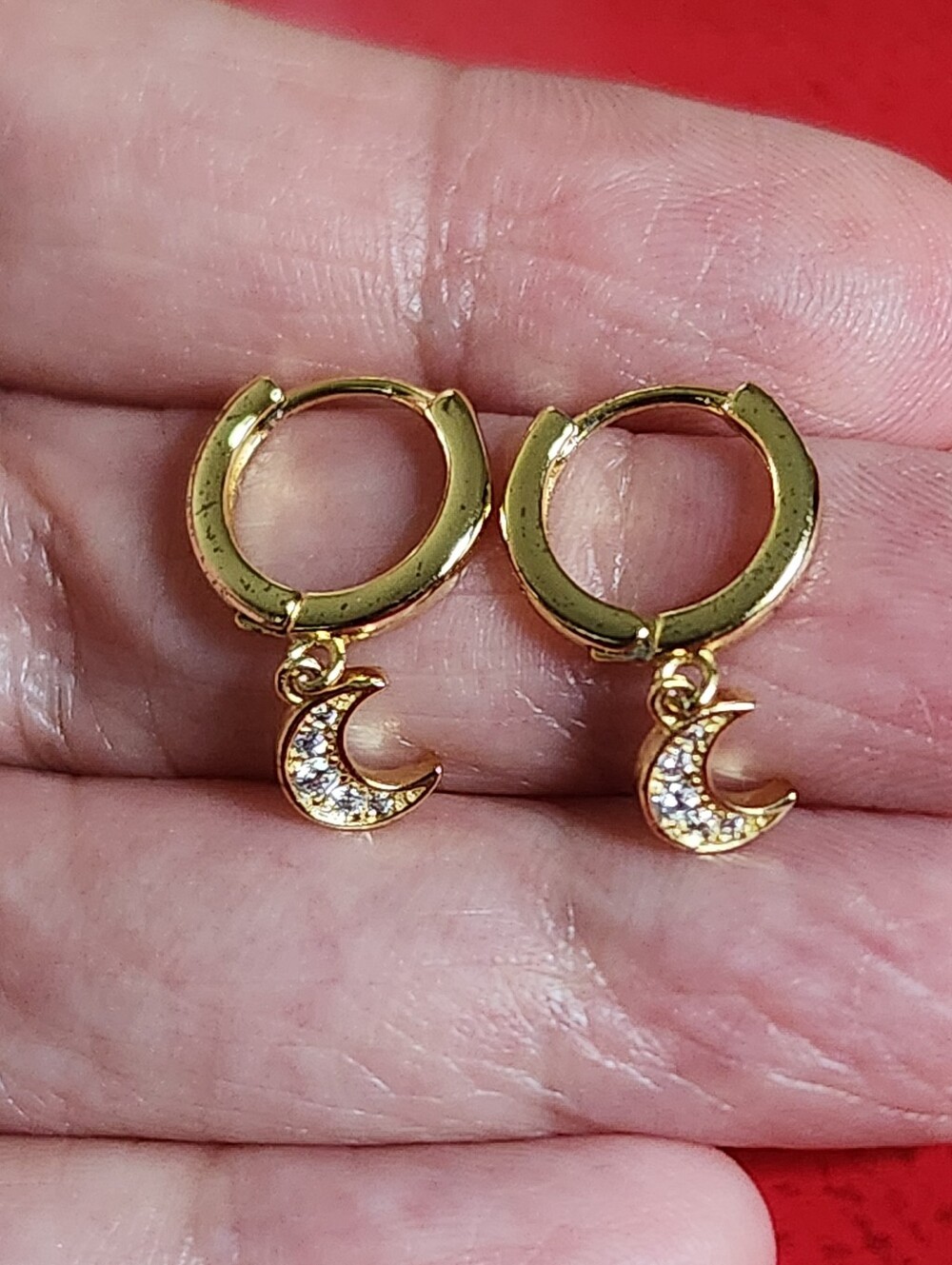 Gold Plated Silver Pave Moon Charm Small Hoop Earrings Huggie S925